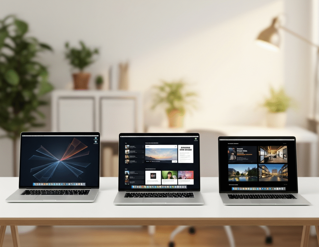 Três notebooks modernos e elegantes dispostos sobre uma mesa de trabalho minimalista de madeira, em um ambiente de home office claro e profissional.