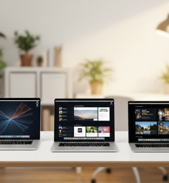Três notebooks modernos e elegantes dispostos sobre uma mesa de trabalho minimalista de madeira, em um ambiente de home office claro e profissional.