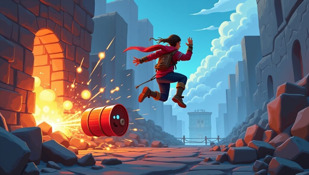 Ilustração colorida e cheia de ação retratando várias mecânicas clássicas dos videogames. Um herói no ar faz um pulo duplo enquanto foge de uma explosão causada por um barril vermelho. Elementos como visão de detetive, gancho, cura automática e inventário exagerado aparecem em destaque, tudo com um visual vibrante e divertido.