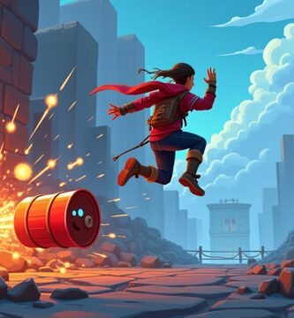 Ilustração colorida e cheia de ação retratando várias mecânicas clássicas dos videogames. Um herói no ar faz um pulo duplo enquanto foge de uma explosão causada por um barril vermelho. Elementos como visão de detetive, gancho, cura automática e inventário exagerado aparecem em destaque, tudo com um visual vibrante e divertido.